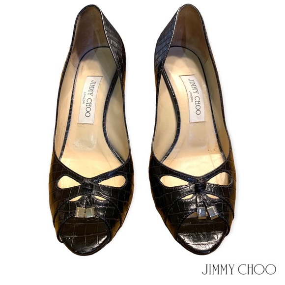 Jimmy Choo Valika Glossy Mock Croc Black Low Heel Peep Toe Pumps Size 6.5 - Picture 2 of 9